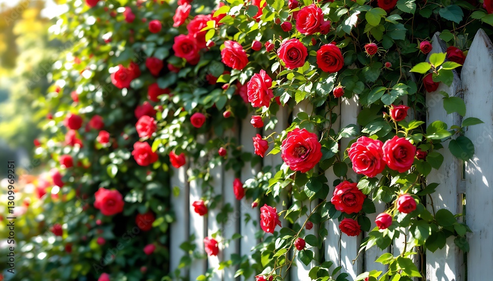 Obraz premium Red Roses Blooming on a White Fence: A Summer Garden Scene