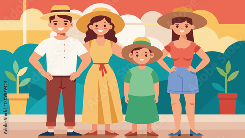 A family of four all wearing coordinating straw hats flowy dresses and sandals pose for a photo in front of a colorful mural at the flea market. Vector illustration