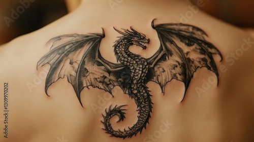 Detailed black and white dragon tattoo on an upper back, intricately designed with scales and fierce expression, facing left. Its body subtly angles into the silhouette photo