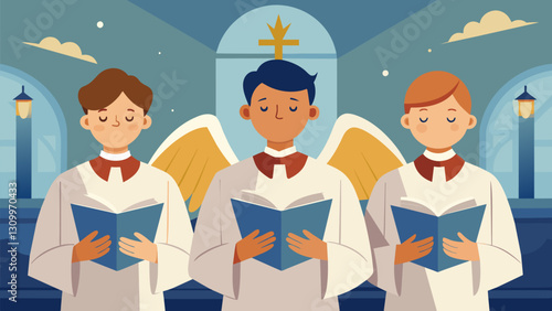 The choir boys angelic voices echo through the church as they practice their acapella version of a classic hymn.. Vector illustration