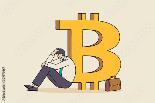 Fear, uncertainty and doubt acronym as FUD in crypto currency trading by spread information concept, confused businessman investor sitting with fear on Bitcoin symbol.