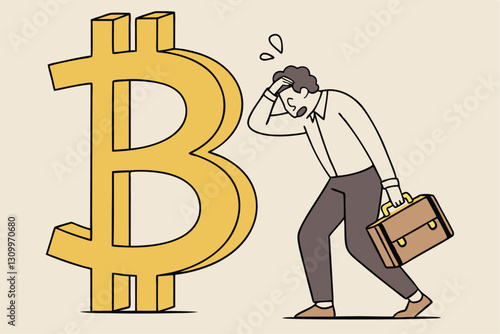 Fear, uncertainty and doubt acronym as FUD in crypto currency trading by spread information concept, confused businessman investor sitting with fear on Bitcoin symbol.