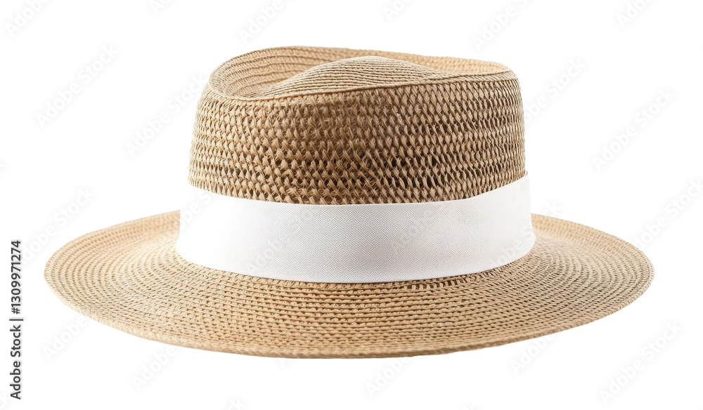 Stylish straw hat with white band in beige and light brown design, perfect for summer outings and sunny beach days Stylish straw hat with white band in beige and light brown design, perfect for summer outings and sunny beach days