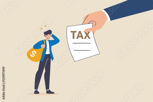 Crypto currency tax, government make crypto investor to pay tax for capital gain or profit concept, businessman investor holding bitcoin surprised by government hand issue tax bil