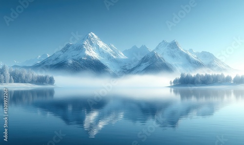 Serene winter lake mirroring snowcapped peaks