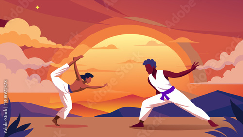 A beautiful sunset serves as the backdrop for a dynamic Capoeira duet the dancers movements almost blending in with the changing colors of the sky.. Vector illustration