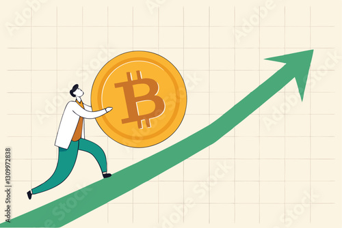 Bitcoin and crypto price rising up, soaring and price increase, crypto currency value growth, mass adoption concept, businessman investor trying hard to push bitcoin up rising up arrow graph and chart