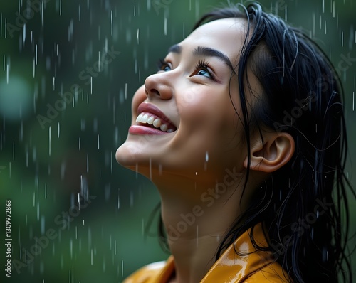 A smiling woman in the rain looks up with joy, her wet hair and glowing expression capturing a carefree, refreshing moment.