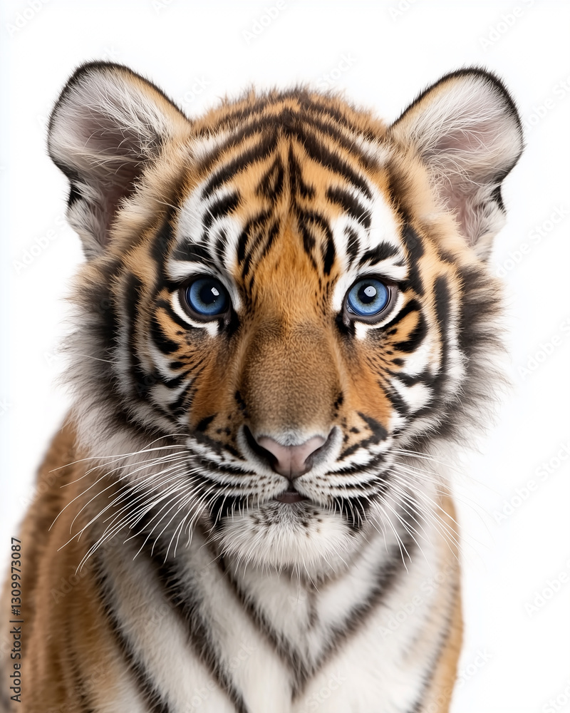 Fototapeta premium Majestic Standing Tiger with Blue Eyes Isolated on White Background 