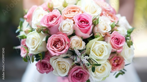A wedding bouquet. A magnificent bouquet of pink and white flowers, in female hands. The concept of a flower shop. A beautiful fresh bouquet.