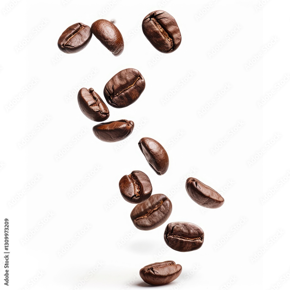 Floating roasted coffee beans isolated on a clear background, macro food image with texture, energy and drink theme Floating roasted coffee beans isolated on a clear background, macro food image with texture, energy and drink theme