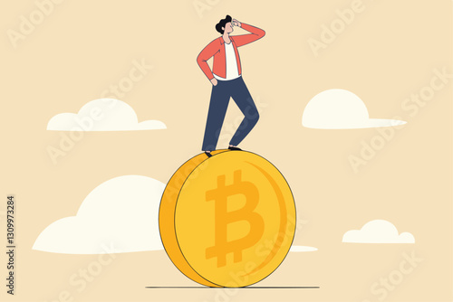 Bitcoin and crypto investment risk, balance between risk and return, cryptocurrency challenge to overcome volatility and make profit concept, businessman investor balancing as acrobat on giant bitcoin