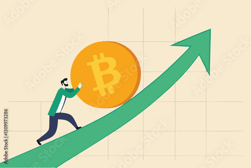 Bitcoin and crypto price rising up, soaring and price increase, crypto currency value growth, mass adoption concept, businessman investor trying hard to push bitcoin up rising up arrow graph and chart