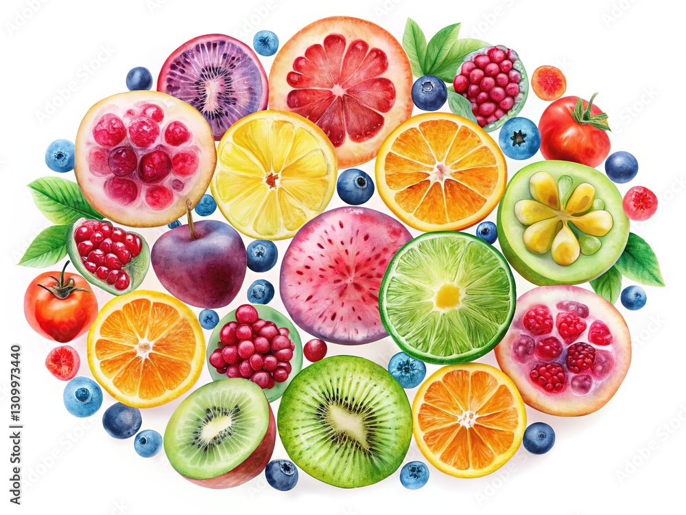 Surreal fruit patterns in minimalist circles. Surreal fruit patterns in minimalist circles.