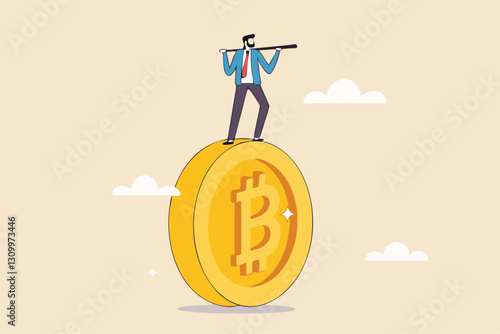 Bitcoin and crypto investment risk, balance between risk and return, cryptocurrency challenge to overcome volatility and make profit concept, businessman investor balancing as acrobat on giant bitcoin