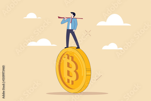 Bitcoin and crypto investment risk, balance between risk and return, cryptocurrency challenge to overcome volatility and make profit concept, businessman investor balancing as acrobat on giant bitcoin