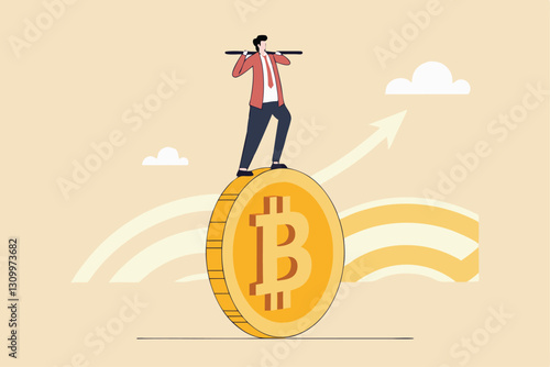 Bitcoin and crypto investment risk, balance between risk and return, cryptocurrency challenge to overcome volatility and make profit concept, businessman investor balancing as acrobat on giant bitcoin