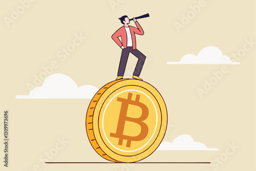 Bitcoin and crypto investment risk, balance between risk and return, cryptocurrency challenge to overcome volatility and make profit concept, businessman investor balancing as acrobat on giant bitcoin