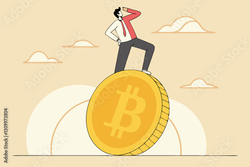 Bitcoin and crypto investment risk, balance between risk and return, cryptocurrency challenge to overcome volatility and make profit concept, businessman investor balancing as acrobat on giant bitcoin