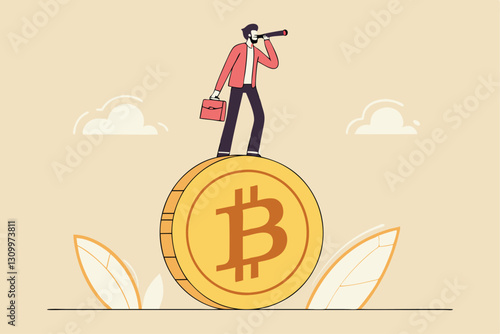 Bitcoin and crypto investment risk, balance between risk and return, cryptocurrency challenge to overcome volatility and make profit concept, businessman investor balancing as acrobat on giant bitcoin