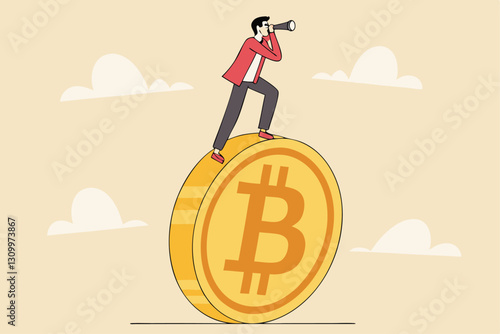 Bitcoin and crypto investment risk, balance between risk and return, cryptocurrency challenge to overcome volatility and make profit concept, businessman investor balancing as acrobat on giant bitcoin
