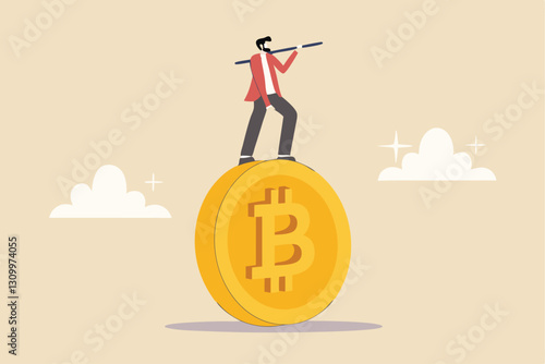 Bitcoin and crypto investment risk, balance between risk and return, cryptocurrency challenge to overcome volatility and make profit concept, businessman investor balancing as acrobat on giant bitcoin