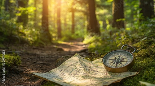 Orienteering map and compass on a mossy forest trail, surrounded by towering trees and dappled sunlight.