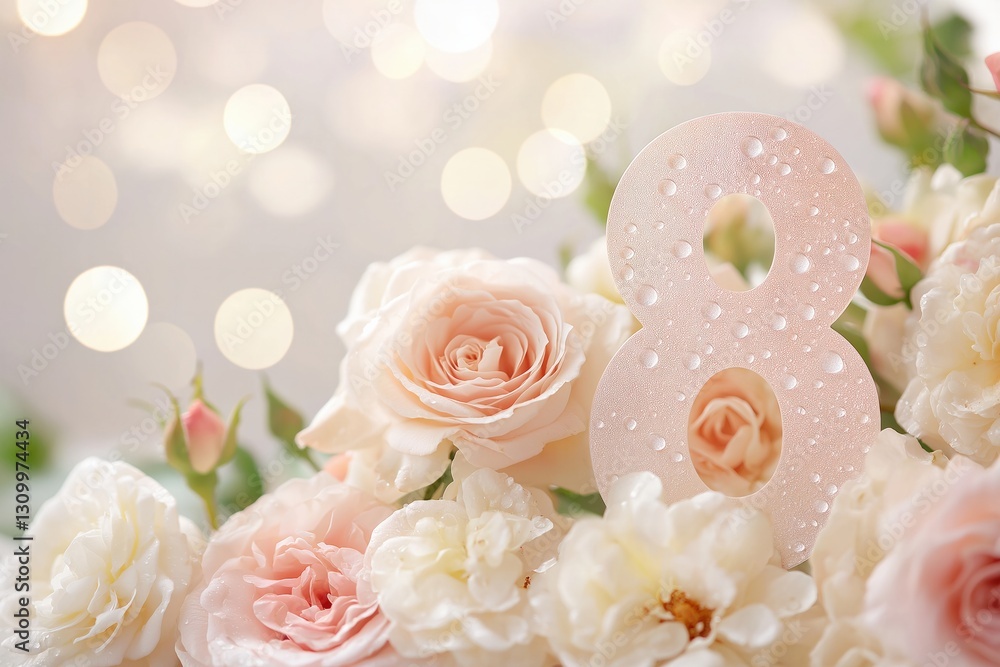 A beautifully designed number 8 with a pearl-textured finish, adorned with white roses and fresh dewdrops, set against a dreamy soft-focus bokeh background for International Women's Day A beautifully designed number 8 with a pearl-textured finish, adorned with white roses and fresh dewdrops, set against a dreamy soft-focus bokeh background for International Women's Day