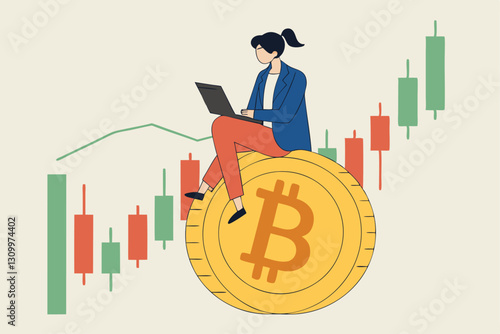Bitcoin and cryptocurrency investing, crypto trading make profit and earning from Bitcoin price, businessman investor using computer to trade crypto on big Bitcoin with candlestick price graph chart.