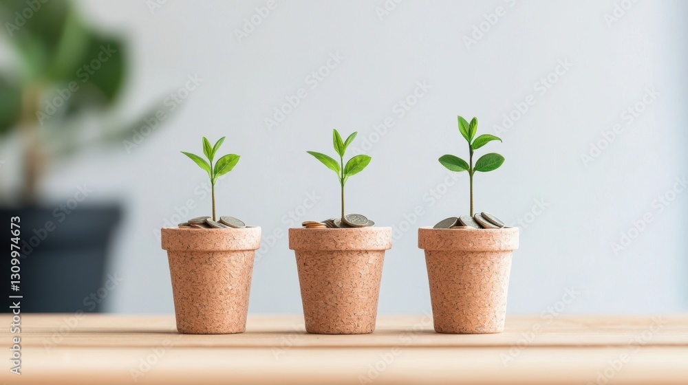 Obraz premium Trio of small green plants in a pot representing money growth and financial nurturing in a sustainable and eco-friendly environment