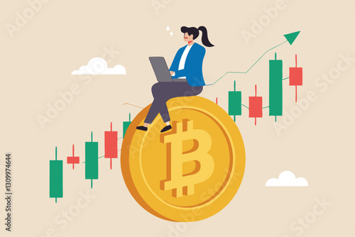 Bitcoin and cryptocurrency investing, crypto trading make profit and earning from Bitcoin price, businessman investor using computer to trade crypto on big Bitcoin with candlestick price graph chart.