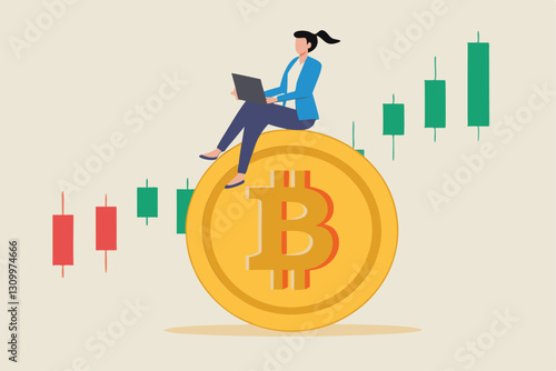 Bitcoin and cryptocurrency investing, crypto trading make profit and earning from Bitcoin price, businessman investor using computer to trade crypto on big Bitcoin with candlestick price graph chart.