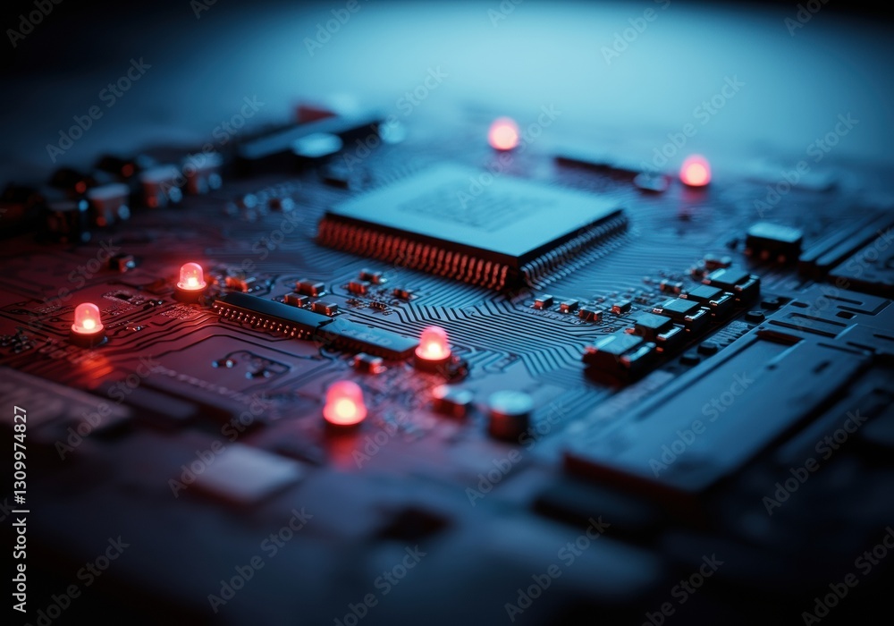 Close-up of a circuit board with glowing red lights and intricate details Close-up of a circuit board with glowing red lights and intricate details