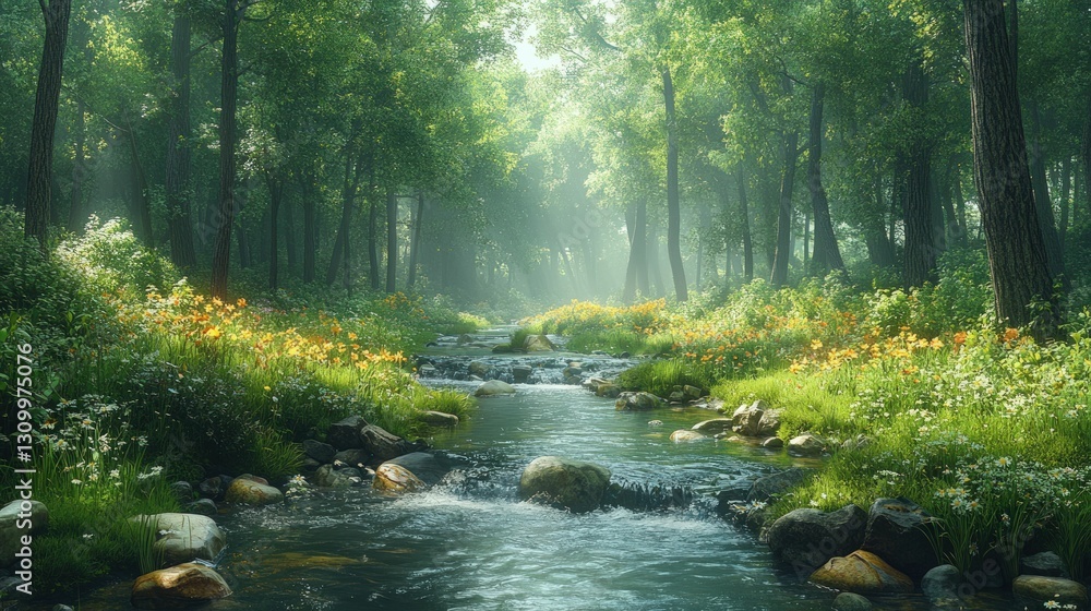 Serene forest stream flows past vibrant wildflowers Serene forest stream flows past vibrant wildflowers