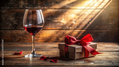 A glass of red wine with a gift box tied with a red ribbon on a wooden table with scattered rose petals