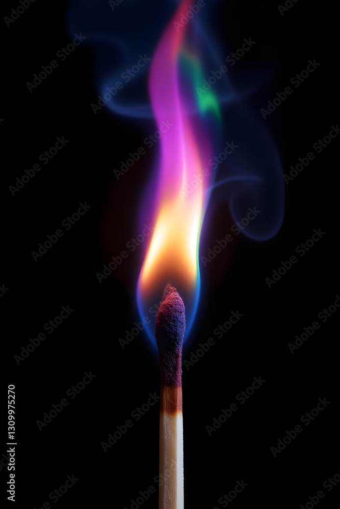 A matchstick ignites with vibrant, multicolored flames and swirling smoke, creating a mesmerizing display of fiery hues. A matchstick ignites with vibrant, multicolored flames and swirling smoke, creating a mesmerizing display of fiery hues.