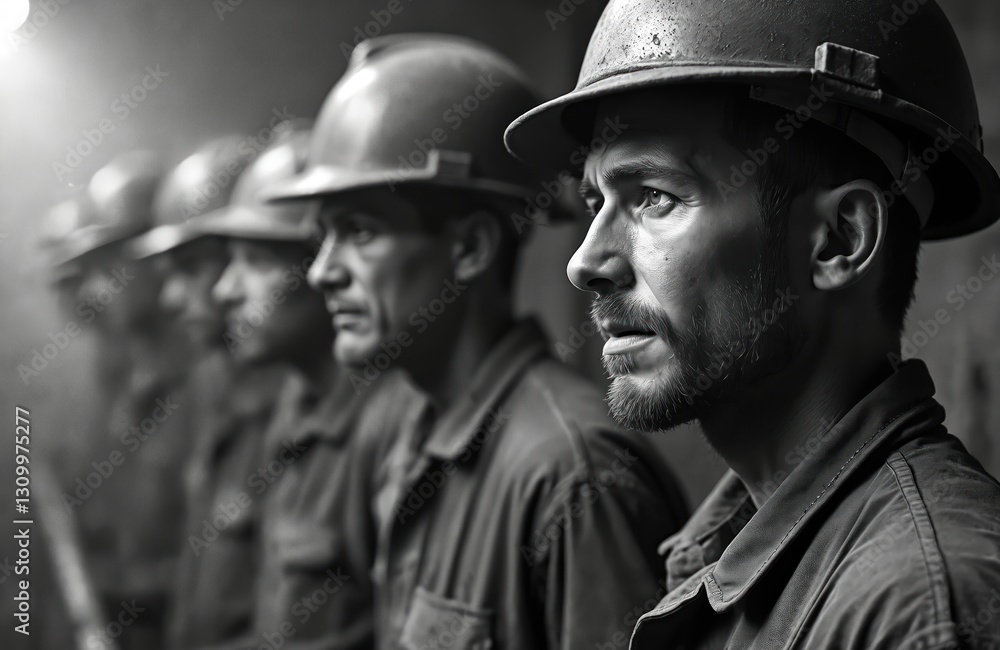 Monochrome shot of exhausted coal miners with soot-covered faces. Men look fatigued, contemplative. Hard work underground. Team wearing uniform, helmets. Mining industry, job risks, history. Monochrome shot of exhausted coal miners with soot-covered faces. Men look fatigued, contemplative. Hard work underground. Team wearing uniform, helmets. Mining industry, job risks, history.