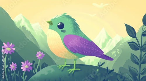 Cute bird mountain sunrise nature illustration