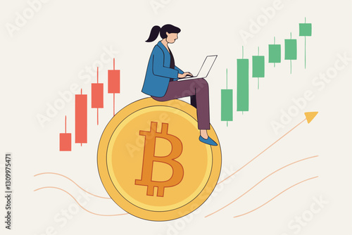 Bitcoin and cryptocurrency investing, crypto trading make profit and earning from Bitcoin price, businessman investor using computer to trade crypto on big Bitcoin with candlestick price graph chart.