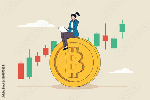Bitcoin and cryptocurrency investing, crypto trading make profit and earning from Bitcoin price, businessman investor using computer to trade crypto on big Bitcoin with candlestick price graph chart.