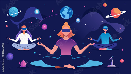 Surrounded by virtual stars and galaxies individuals take part in a unique VR yoga experience integrating celestial elements into their practice.. Vector illustration