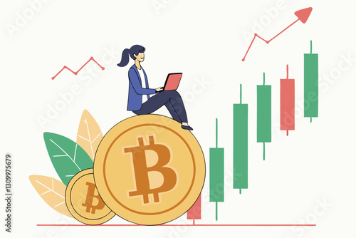 Bitcoin and cryptocurrency investing, crypto trading make profit and earning from Bitcoin price, businessman investor using computer to trade crypto on big Bitcoin with candlestick price graph chart.