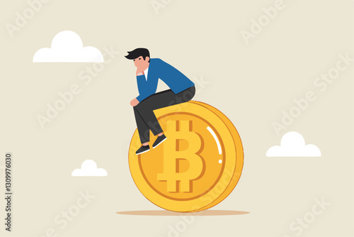 Bitcoin hodl, holder who buy bitcoin or crypto currency for long term investment, crypto investing or believe in Bitcoin independence concept, calm businessman investor relax sitting on Bitcoin.