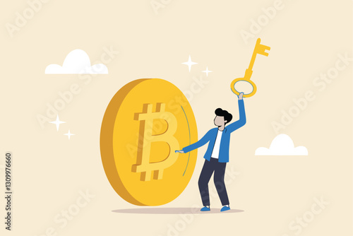 Private key or hardware wallet to store cryptocurrency or Bitcoin, security password or safety protection for crypto currency concept, confidence businessman investor holding private key with Bitcoin.