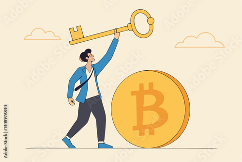 Private key or hardware wallet to store cryptocurrency or Bitcoin, security password or safety protection for crypto currency concept, confidence businessman investor holding private key with Bitcoin.