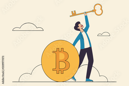 Private key or hardware wallet to store cryptocurrency or Bitcoin, security password or safety protection for crypto currency concept, confidence businessman investor holding private key with Bitcoin.