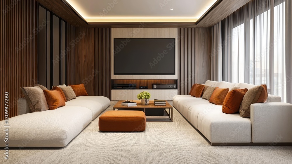 A modern living room featuring a spacious sofa, decorative cushions, a coffee table, and large windows with natural light. A modern living room featuring a spacious sofa, decorative cushions, a coffee table, and large windows with natural light.