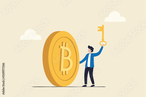 Private key or hardware wallet to store cryptocurrency or Bitcoin, security password or safety protection for crypto currency concept, confidence businessman investor holding private key with Bitcoin.
