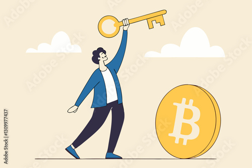 Private key or hardware wallet to store cryptocurrency or Bitcoin, security password or safety protection for crypto currency concept, confidence businessman investor holding private key with Bitcoin.