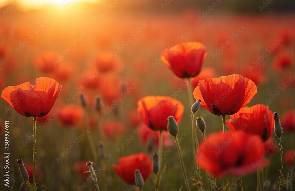 Scenic field of red poppies during sunset. Summer meadow landscape with blooming vibrant flowers and sunset light. Natural idyllic background. Remembrance day theme. Symbol of peace and memory. Scenic field of red poppies during sunset. Summer meadow landscape with blooming vibrant flowers and sunset light. Natural idyllic background. Remembrance day theme. Symbol of peace and memory.